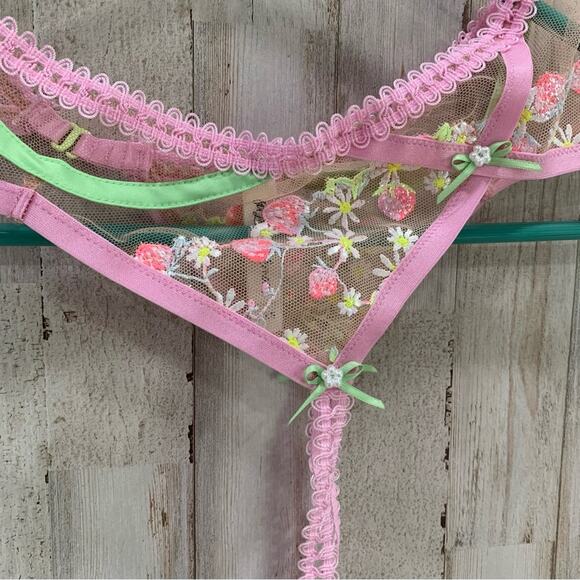 NWOT FOR LOVE & LEMONS TUTTI FRUITI SHIMMER STRAWBERRY MESH GARTER BELT IN PINK - Picture 3 of 6